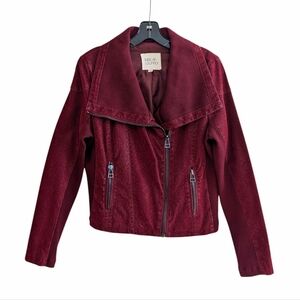 Thread & Supply Faux Leather Moto Jacket Mixed Fabric Oxblood Red Medium